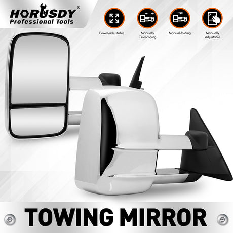 HORUSDY Power-Heated Telescoping Chrome Towing Mirrors with Adjustable Convex Lens for Pickup Trucks