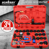 34pc pneumatic coolant pressure tester vacuum cooling system purge and refill kit with various radiator adapters, hose, and storage case