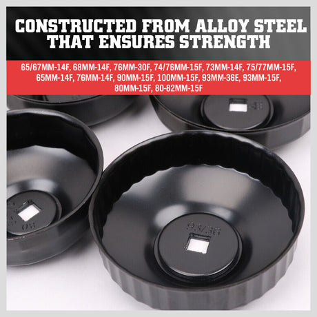 15-piece cup type oil filter wrench tool set for automotive maintenance, including various sizes of oil filter sockets in a red carrying case.