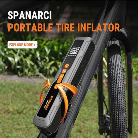 Portable digital tire inflator from HORUSDY with LED display, 6000mAh rechargeable battery, suitable for cars, motorcycles, bicycles, and sports balls.