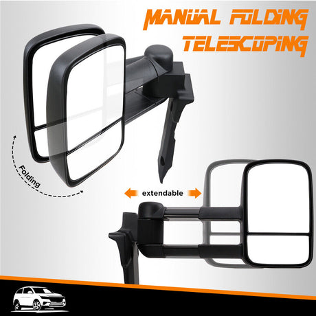 Manual fold extendable tow mirrors for Toyota Land Cruiser 70-79 series (1984-2022), dual glass with black textured finish