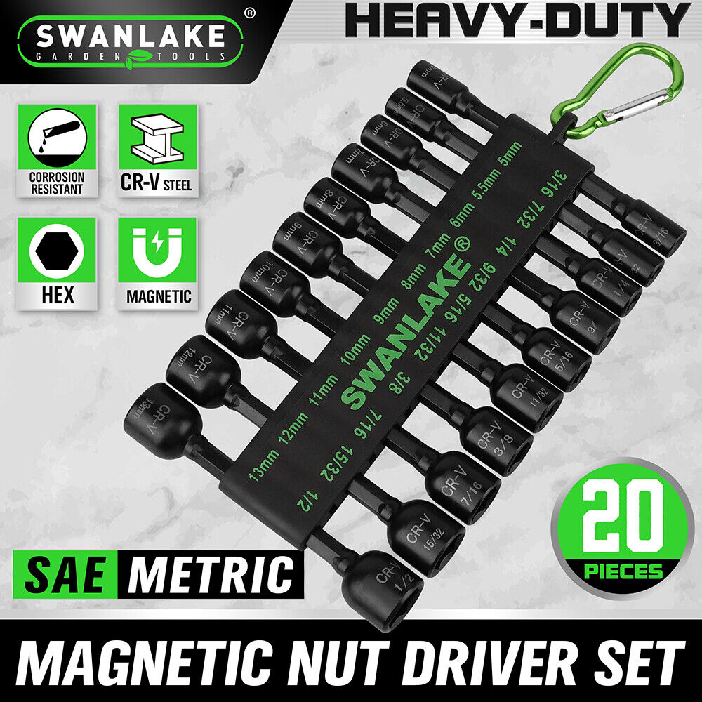 20-piece magnetic nut driver set with CR-V steel, featuring hex bit sockets and magnetic adapters, suitable for electric drills and screwdrivers