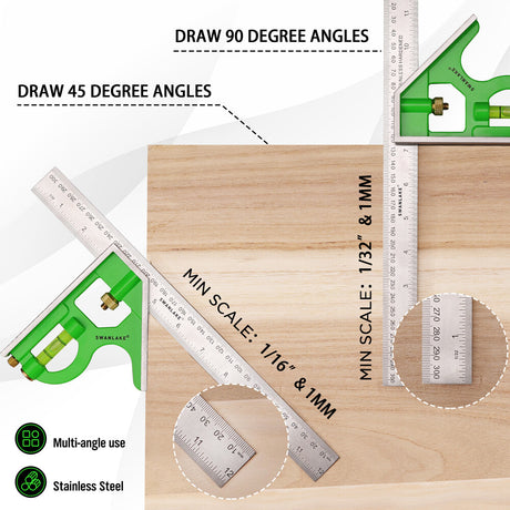 SWANLAKE 4-piece rafter and combination square tool set with ruler and spirit level for woodworking