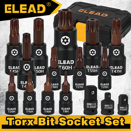 16-piece Torx bit socket set with S2 steel and CR-V, includes 1/4", 3/8", and 1/2" drive sizes, ideal for automotive and mechanical work