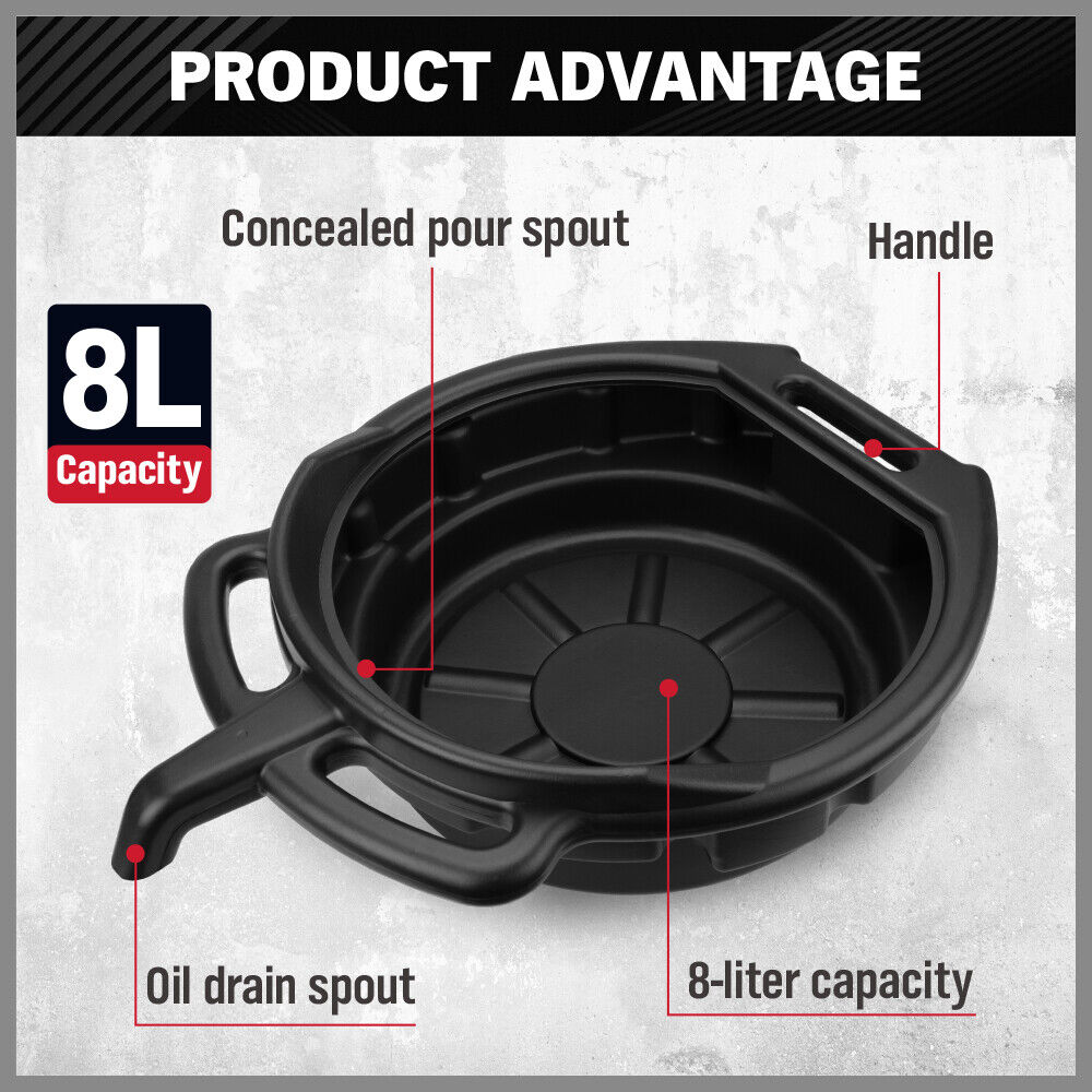 SEDY 8L Oil Change Pan Black with Portable Handle and Anti-Spill Design