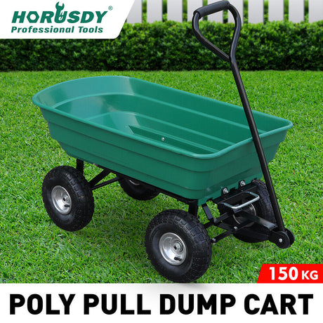 HORUSDY heavy-duty poly pull dump cart with 250kg load capacity, large pneumatic wheels, and easy tipping mechanism for garden and lawn work
