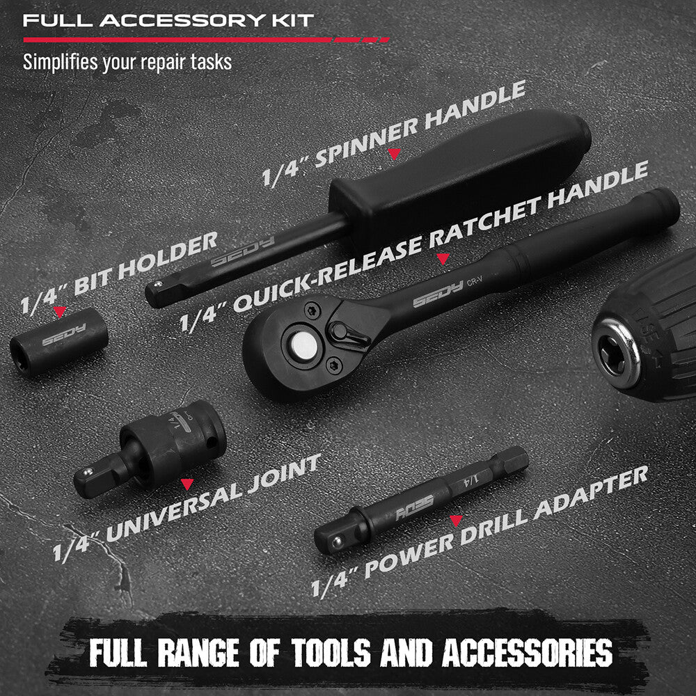 SEDY 64-piece socket and bit wrench set with CR-V steel sockets, universal joint, ratchet handle, and hard carry case for automotive and home tool kits