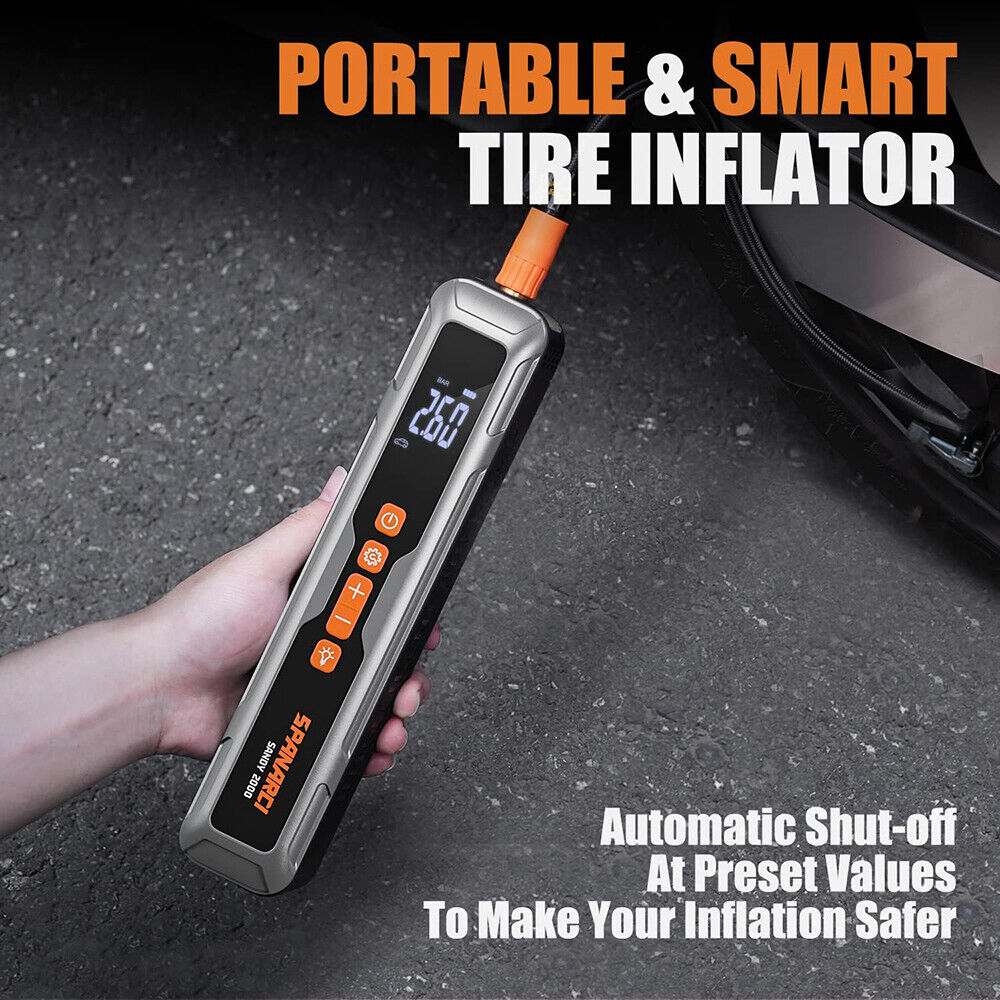 Portable digital tire inflator from HORUSDY with LED display, 6000mAh rechargeable battery, suitable for cars, motorcycles, bicycles, and sports balls.