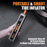 Portable digital tire inflator from HORUSDY with LED display, 6000mAh rechargeable battery, suitable for cars, motorcycles, bicycles, and sports balls.