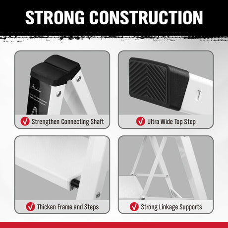 Folding step ladder with 2-step and 3-step options, featuring a compact, space-saving design, non-slip steps, and a 150kg weight capacity, ideal for home and office applications