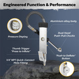 Handheld tire inflator with digital pressure gauge, dual head chucks, and TPMS compatibility for accurate inflation and deflation.