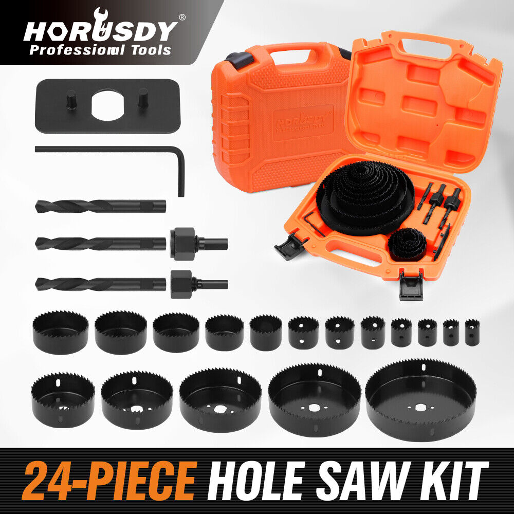 Horsdsy 24-piece hole saw kit with high carbon steel blades, including various sizes for wood, drywall, and PVC cutting, stored in a durable carrying case.