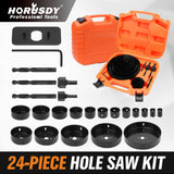 Horsdsy 24-piece hole saw kit with high carbon steel blades, including various sizes for wood, drywall, and PVC cutting, stored in a durable carrying case.