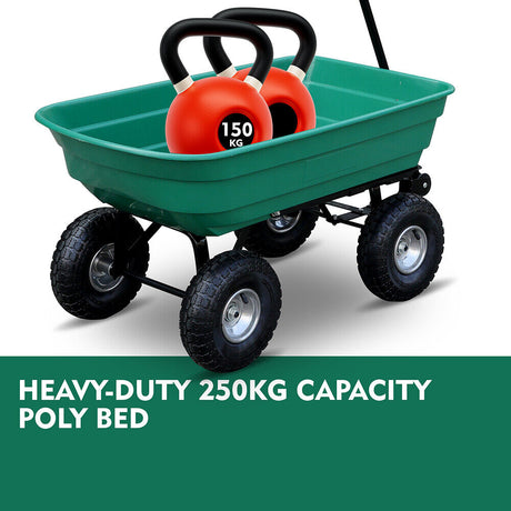 HORUSDY heavy-duty poly pull dump cart with 250kg load capacity, large pneumatic wheels, and easy tipping mechanism for garden and lawn work