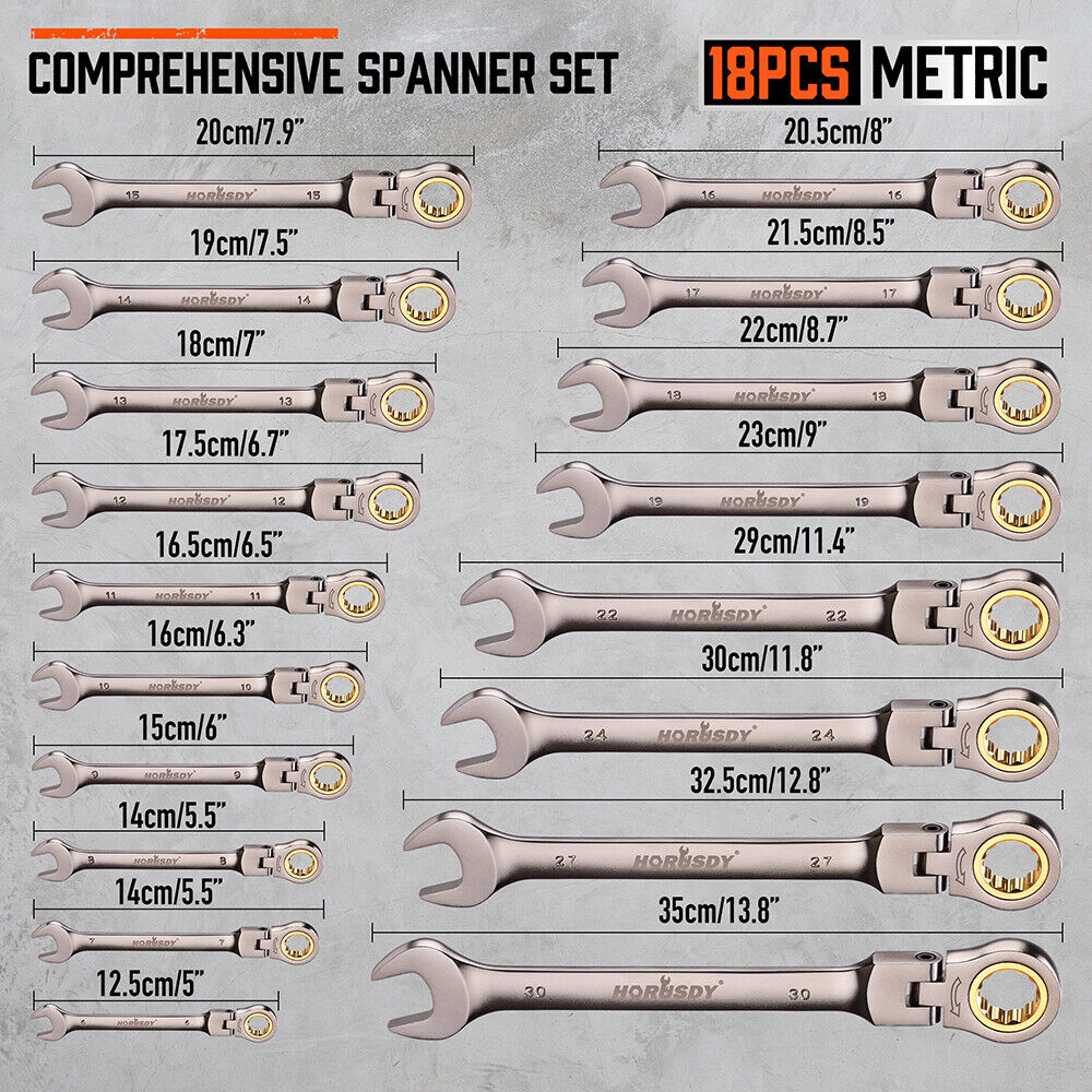 HORUSDY 18-piece metric flexible ratchet spanner set with CR-V steel construction, ranging from 6mm to 30mm, designed for precision work with 72-tooth ratcheting mechanism and 180-degree pivoting head