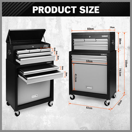 Heavy duty 7-drawer tool box chest with lockable storage cabinet in black, blue, and grey options