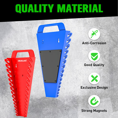 Magnetic wrench organiser set with red and blue 15-slot holders for wall or toolbox mounting, heavy-duty design with strong rare-earth magnets