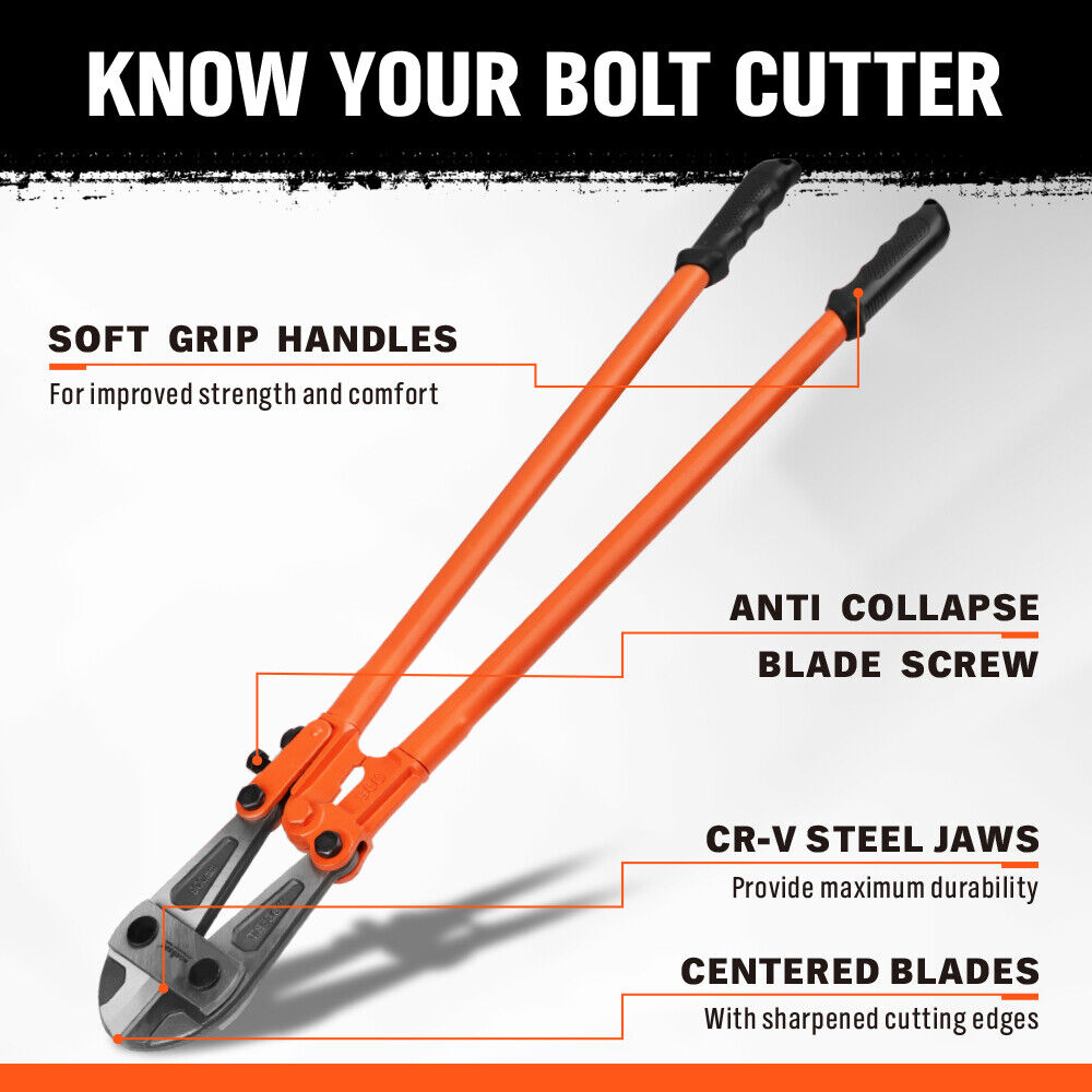 36 inch bolt cutter with CR-V steel jaws and non-slip handles for cutting rods, chains, fences and padlocks