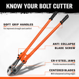 36 inch bolt cutter with CR-V steel jaws and non-slip handles for cutting rods, chains, fences and padlocks