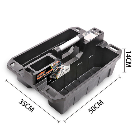 Portable tool storage box with magnetic tray and multiple compartments for organizing tools, screws, and fasteners, ideal for automotive and home use.