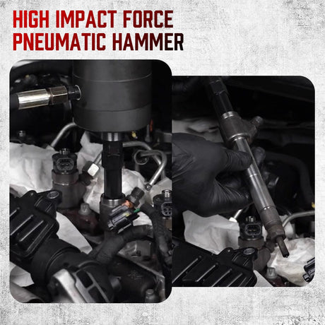 Heavy-duty pneumatic injector puller set with air hammer, adapters, hose, and storage case for stuck diesel injector removal