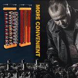 The HORUSDY 2-Pack Socket Rail and Screwdriver Bit Holder Set is made from durable ABS material, designed to hold 75 bits and 42 sockets. Suitable for organizing 1/4", 3/8", and 1/2" drive tools. Features spring-loaded ball bearings for secure socket storage and easy portability for workshops and garages.