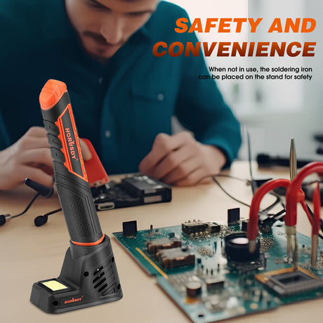 Cordless soldering iron kit with rechargeable 2000mAh battery, quick heating feature, and LED light