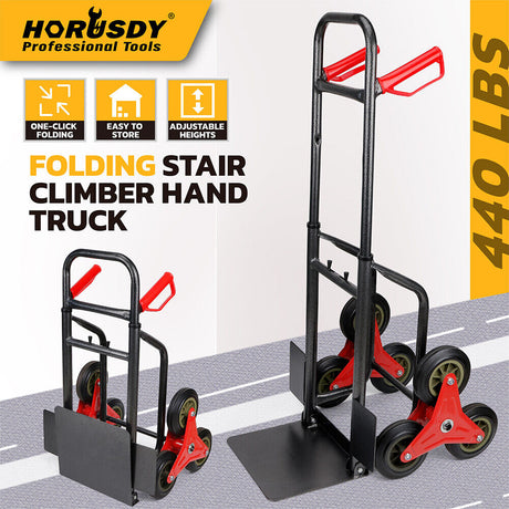 Folding stair climber hand truck with 440 lbs capacity, featuring tri-wheel design, adjustable height, and foldable frame for easy transport.
