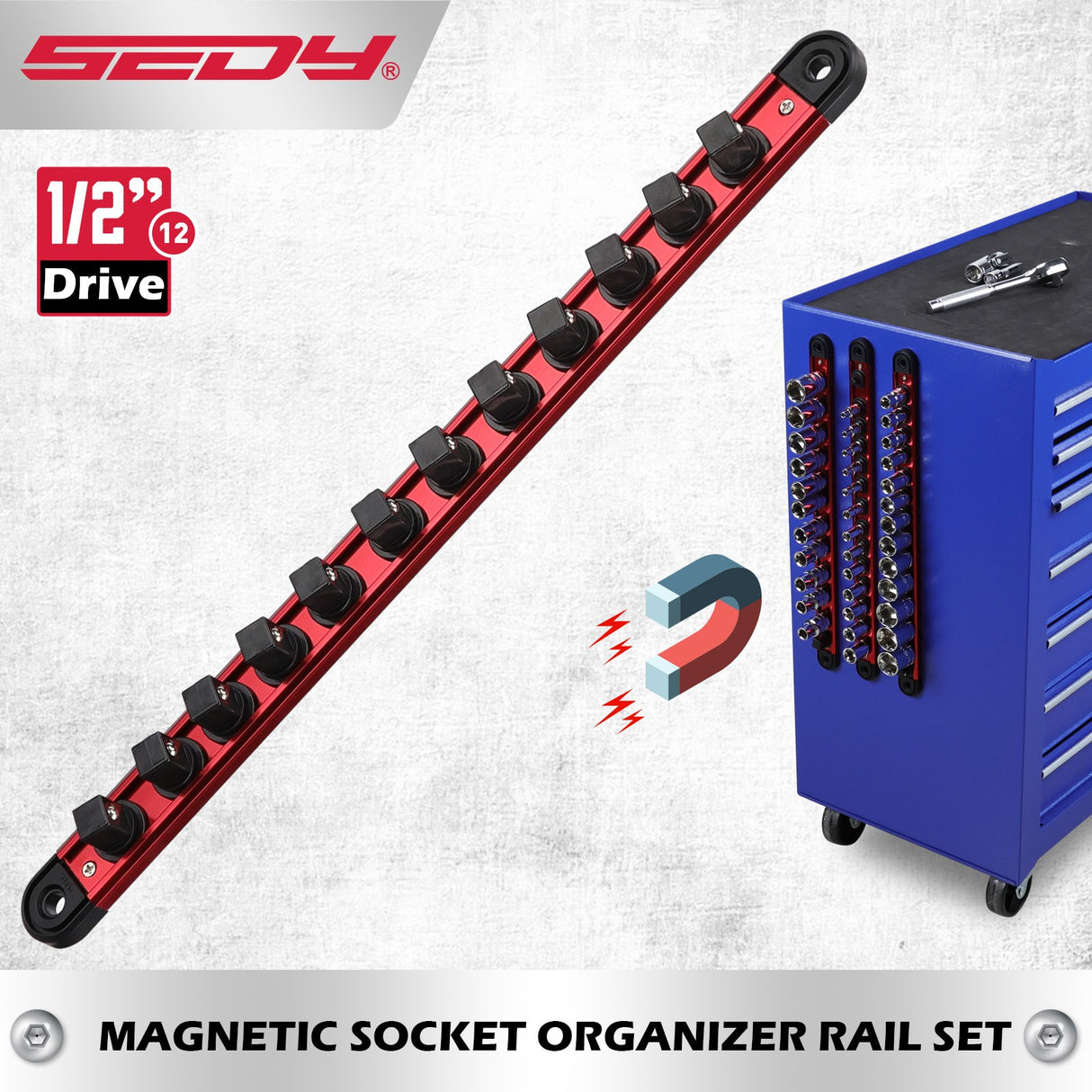 Magnetic socket organizer set with detachable trays for 1/4", 3/8", and 1/2" drive sockets. Ideal for garage tool organization.