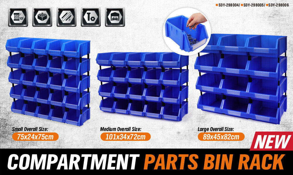 Versatile HORUSDY Storage Bins in 3 Sizes, Stackable and Detachable for Organizing Tools and Small Parts in Workshops and Garages