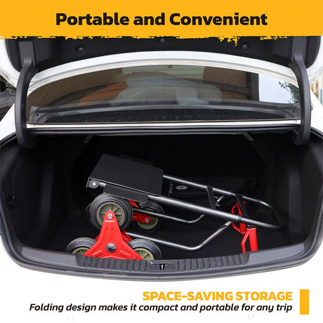 Folding stair climber hand truck with 440 lbs capacity, featuring tri-wheel design, adjustable height, and foldable frame for easy transport.