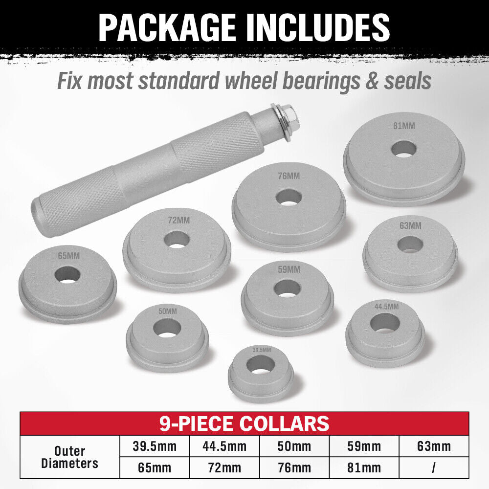 10-piece bearing race and seal driver tool kit with durable aluminum adapters, ideal for installing wheel bearings and seals in automotive repairs.