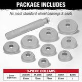 10-piece bearing race and seal driver tool kit with durable aluminum adapters, ideal for installing wheel bearings and seals in automotive repairs.