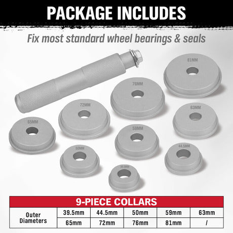 10-piece bearing race and seal driver tool kit with durable aluminum adapters, ideal for installing wheel bearings and seals in automotive repairs.