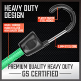 31-piece heavy duty bungee cord set with color-coded cords, plastic coated steel hooks, tarp clips, cable ties, and mini ball ties for versatile outdoor use