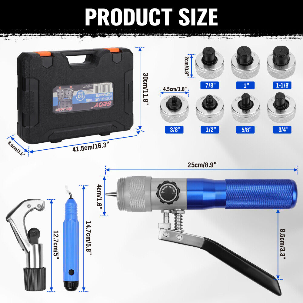 10-piece hydraulic tube expander kit with multiple expander heads, pipe cutter, deburring tool, and durable case for copper, aluminum, and titanium pipes.