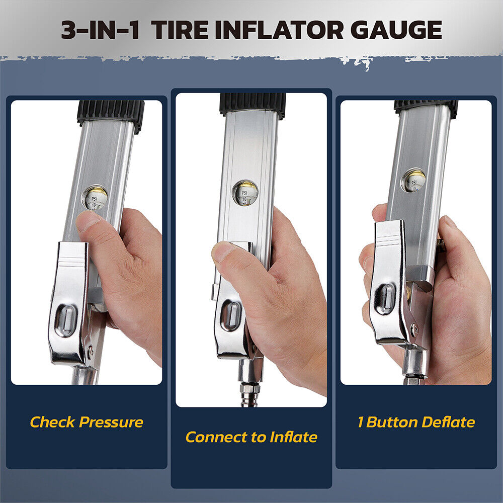 Handheld tire inflator with digital pressure gauge, dual head chucks, and TPMS compatibility for accurate inflation and deflation.