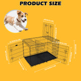 Foldable 24-inch dog cage with 3 doors, divider panel, leak-proof plastic tray, sturdy metal frame, and portable design for safe and comfortable pet housing.