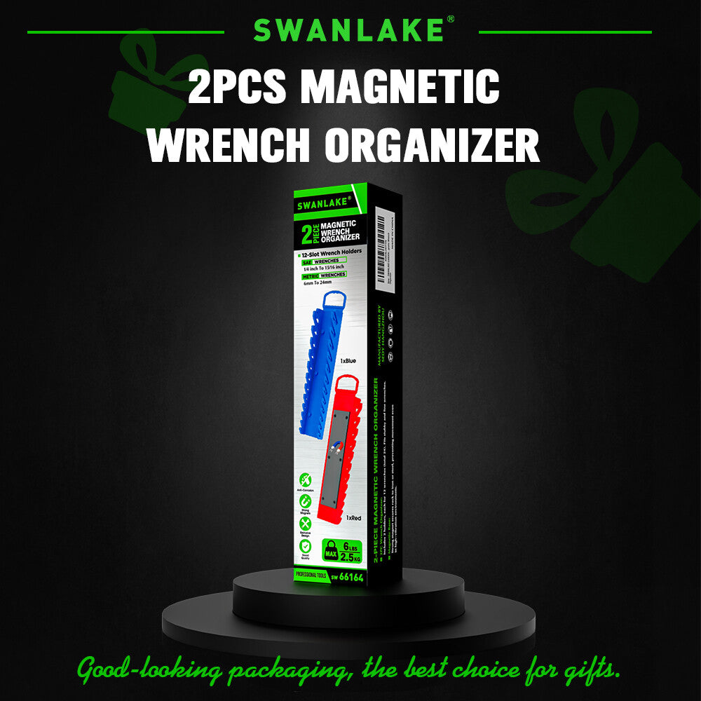 SWANLAKE magnetic wrench organiser with 12 slots and rare-earth magnets, heavy-duty holders for SAE and metric wrenches in red and blue for wall or toolbox mounting