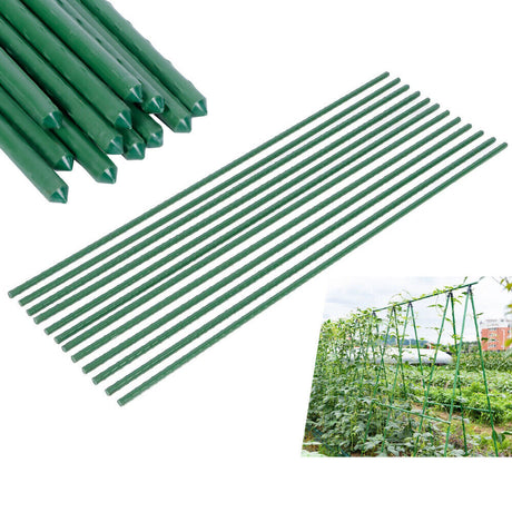 Bundle of 12 green coated metal garden stakes, 16mm diameter, available in 150cm and 180cm lengths for plant support