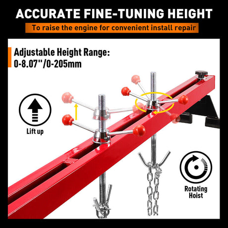 Adjustable engine support bar transverse hoist with dual steel beams and 1100LBS load capacity