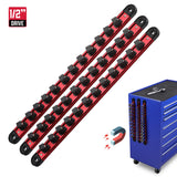 Magnetic socket organizer set with detachable trays for 1/4", 3/8", and 1/2" drive sockets. Ideal for garage tool organization.