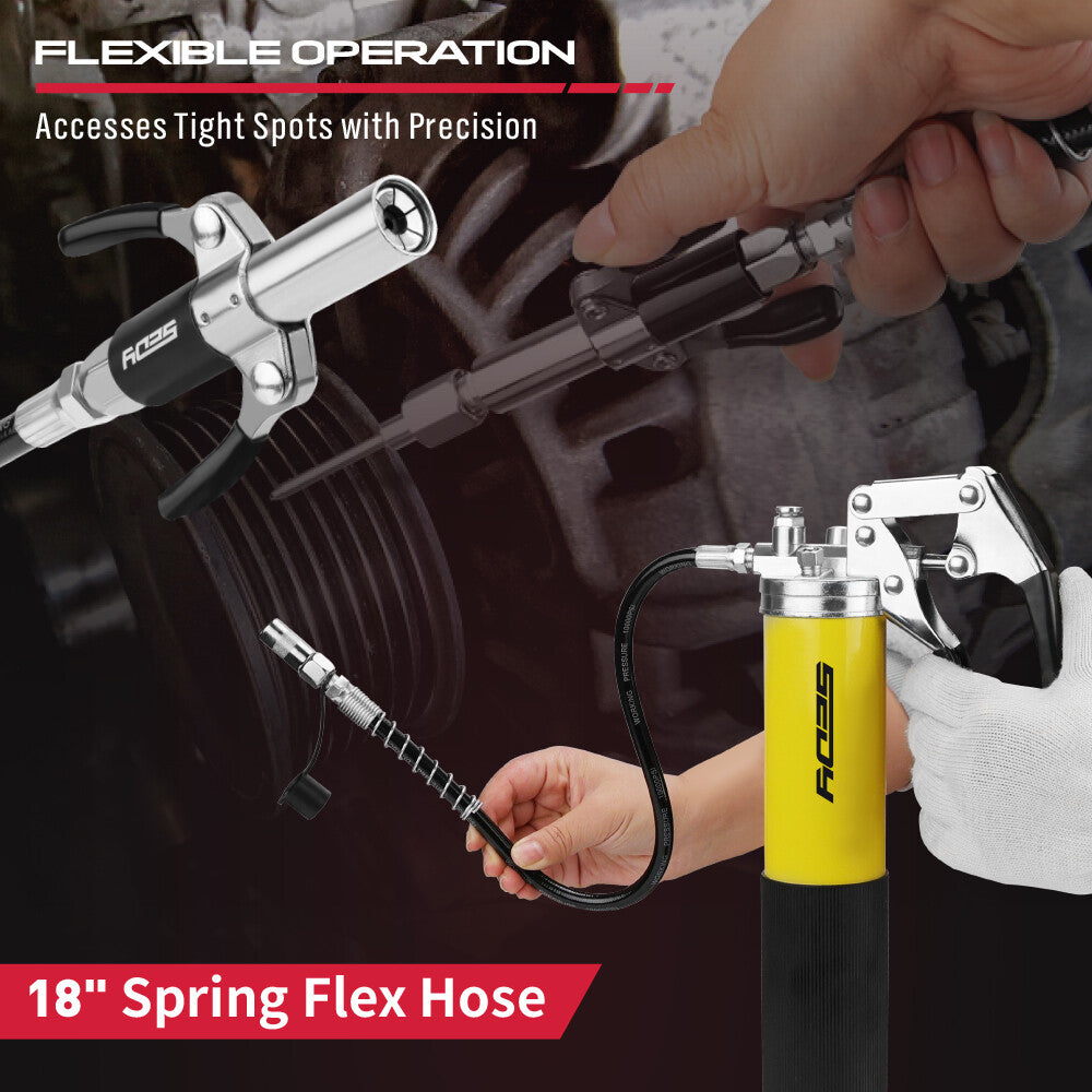 SEDY 17-piece grease gun kit with pistol handle, flexible spring hose, locking coupler, nozzles, and grease canister for heavy-duty lubrication work.