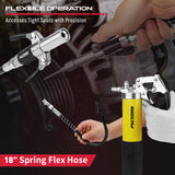 SEDY 17-piece grease gun kit with pistol handle, flexible spring hose, locking coupler, nozzles, and grease canister for heavy-duty lubrication work.