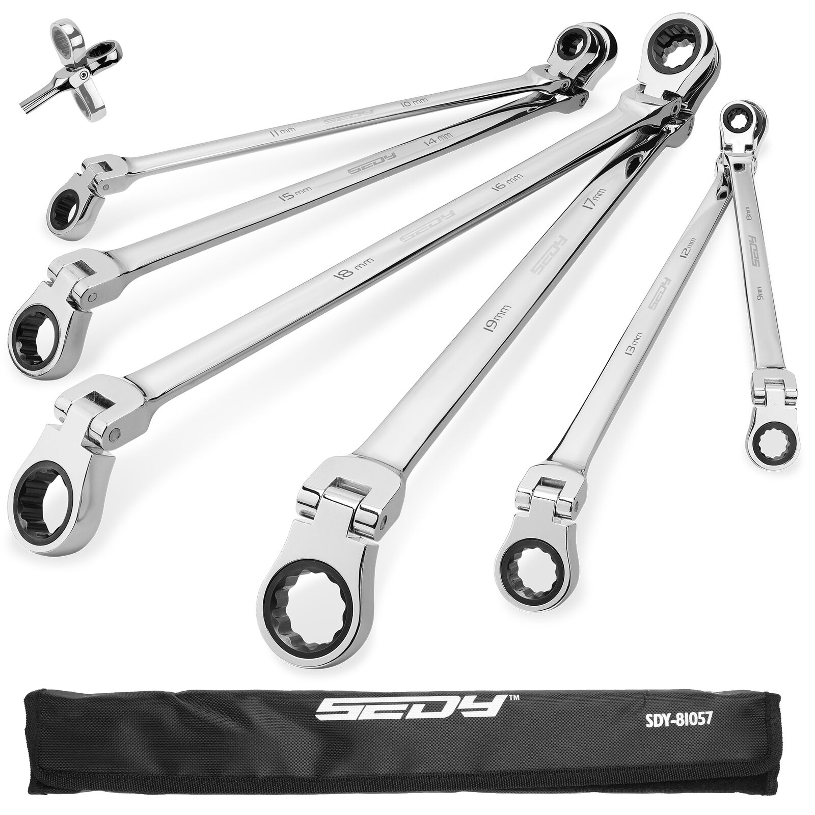 Extra long flex-head ratcheting spanner set with chrome vanadium steel construction, showcasing 180-degree rotating heads and multiple size options from 8mm to 19mm.