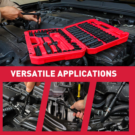 SEDY 96-piece 3/8-inch drive impact socket set with SAE & metric sizes, screwdriver bits, extension bar, and universal joint in case
