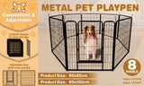 Foldable and adjustable metal pet playpen with 8 panels for indoor and outdoor use, suitable for small to large pets.