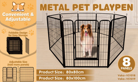 Foldable and adjustable metal pet playpen with 8 panels for indoor and outdoor use, suitable for small to large pets.