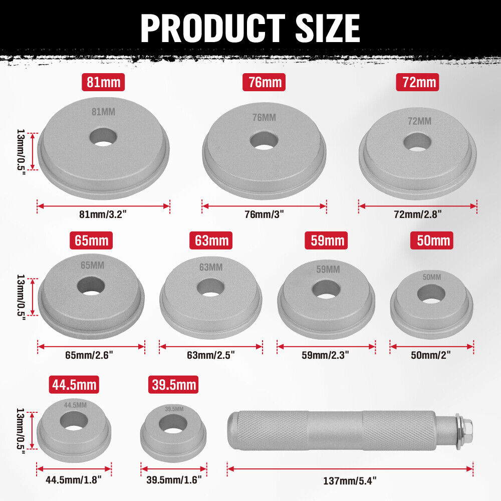 10-piece bearing race and seal driver tool kit with durable aluminum adapters, ideal for installing wheel bearings and seals in automotive repairs.
