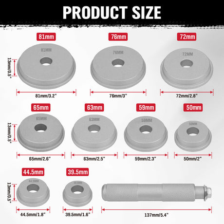10-piece bearing race and seal driver tool kit with durable aluminum adapters, ideal for installing wheel bearings and seals in automotive repairs.